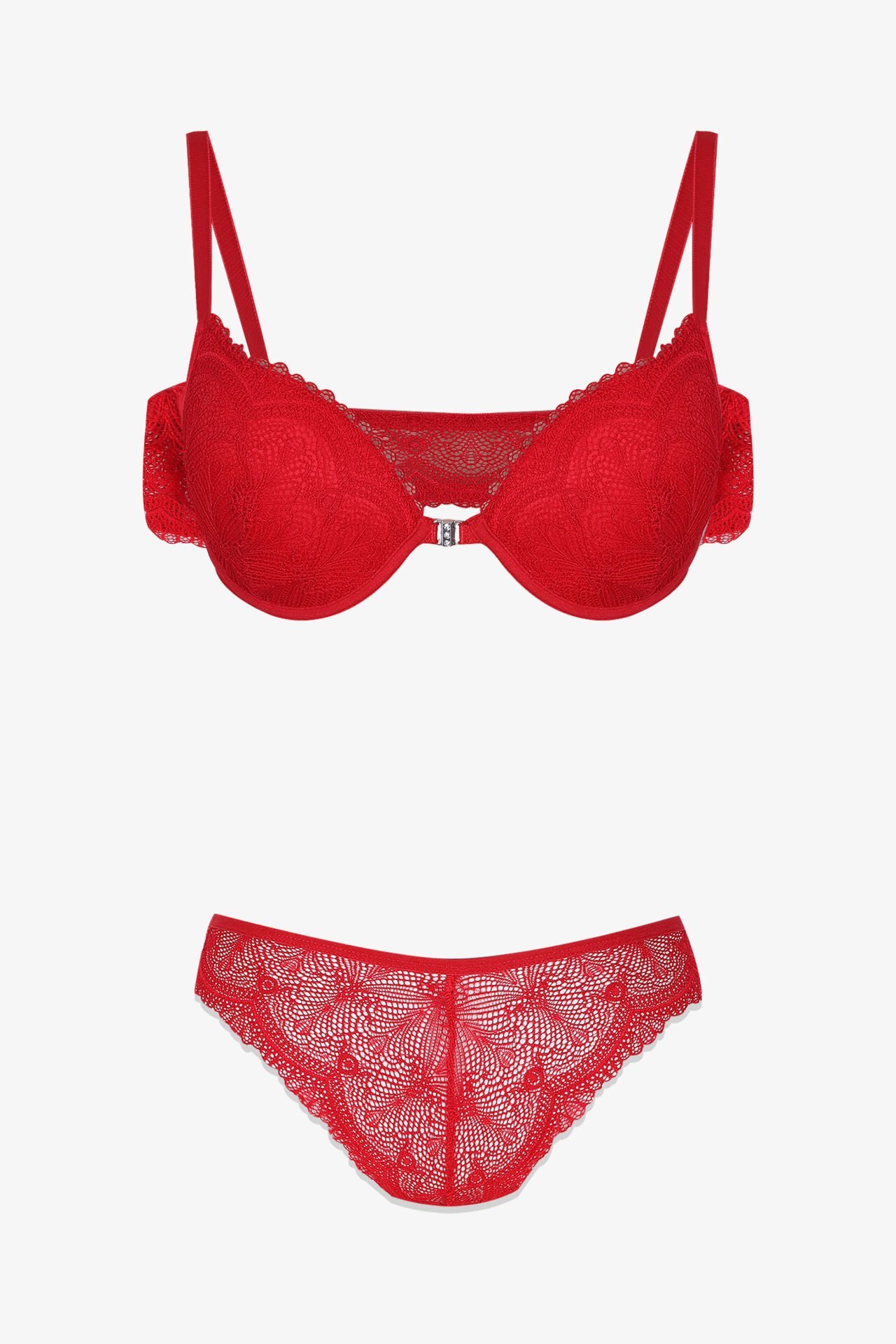 Sevgililer Günü Temalı Kadın Yarım Dolgulu Önden Açılabilir Dantelli Sütyen Takım 75B - Kırmızı