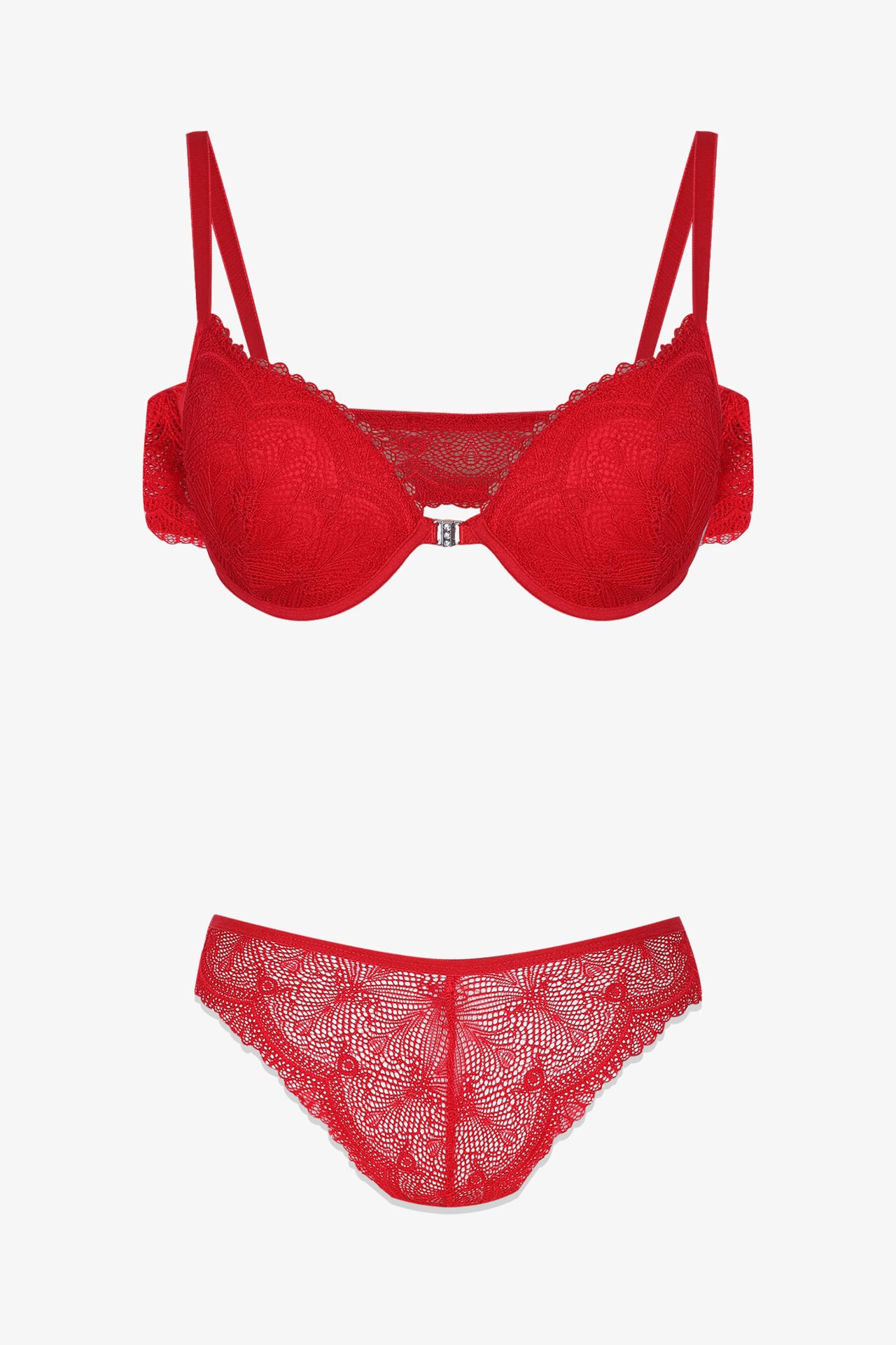 Sevgililer Günü Temalı Kadın Yarım Dolgulu Önden Açılabilir Dantelli Sütyen Takım 75B - Kırmızı