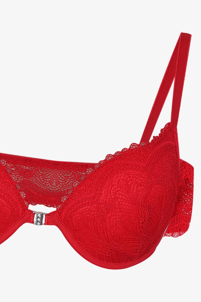 Sevgililer Günü Temalı Kadın Yarım Dolgulu Önden Açılabilir Dantelli Sütyen Takım 75B - Kırmızı