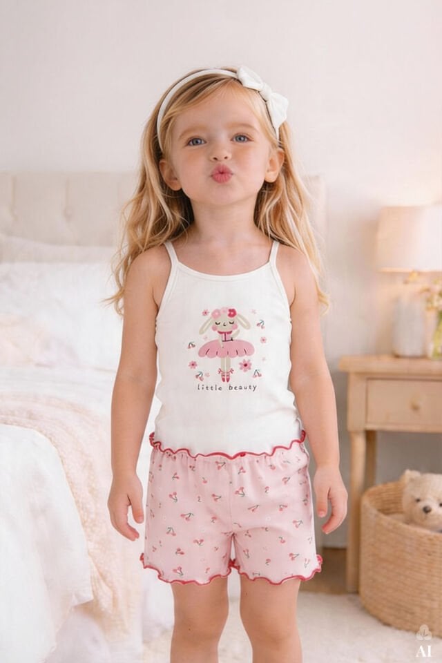 Kız Çocuk Pamuklu Desenli İp Askılı Pijama Takımı Pembe - Beyaz - 5-6 Yaş