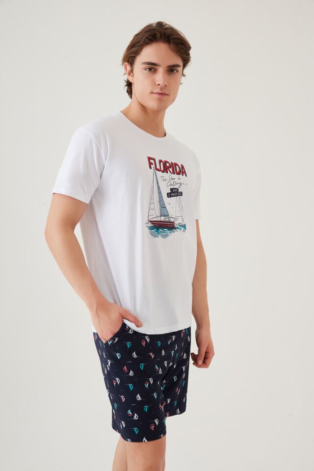 Erkek Pamuklu Kısa Kollu Marine Baskılı Cepli Şortlu Takım S