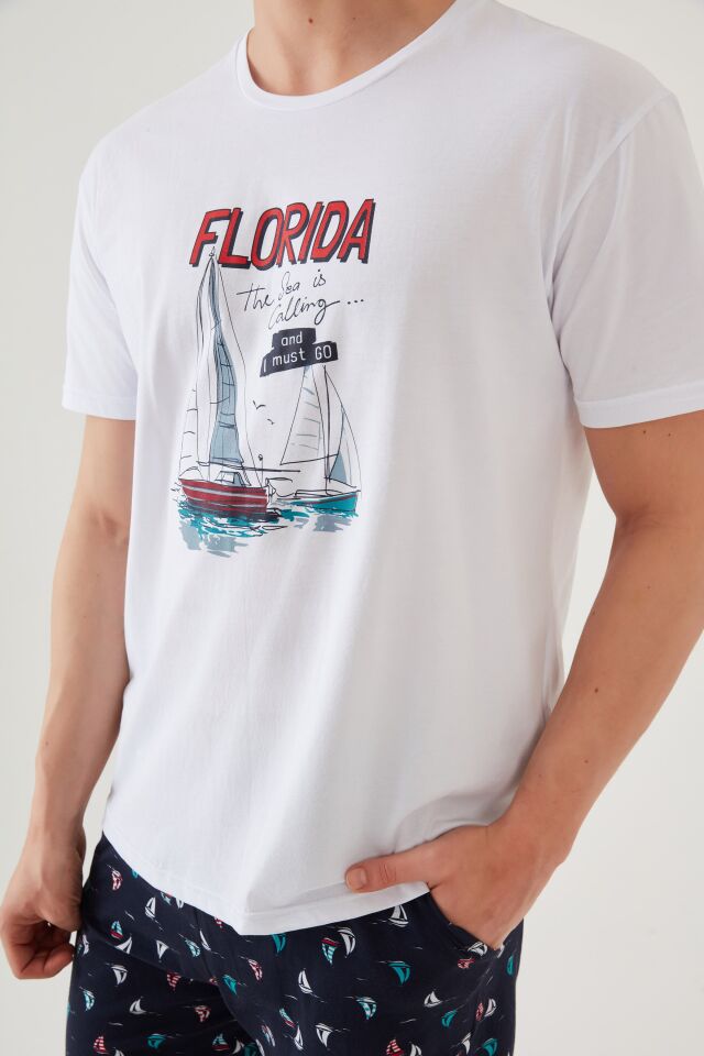 Erkek Pamuklu Kısa Kollu Marine Baskılı Cepli Şortlu Takım S