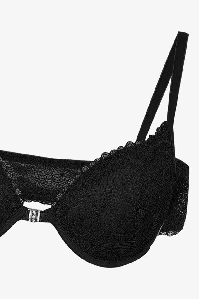 Sevgililer Günü Temalı Kadın Yarım Dolgulu Önden Açılabilir Dantelli Sütyen Takım 75B - Siyah