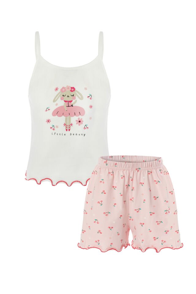 Kız Çocuk Pamuklu Desenli İp Askılı Pijama Takımı Pembe - Beyaz - 7-8 Yaş