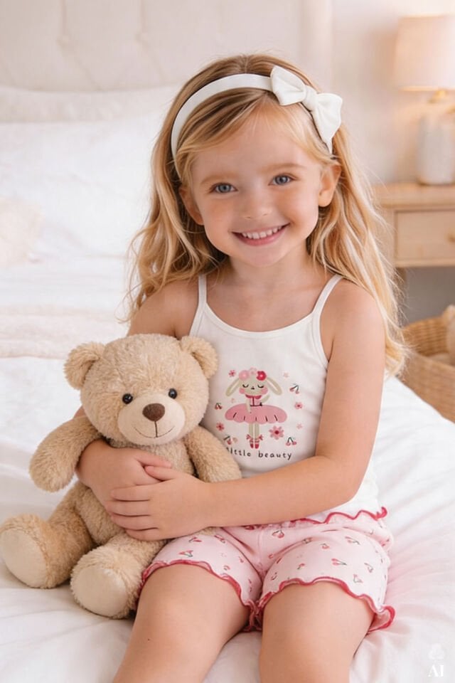 Kız Çocuk Pamuklu Desenli İp Askılı Pijama Takımı Pembe - Beyaz - 9-10 Yaş