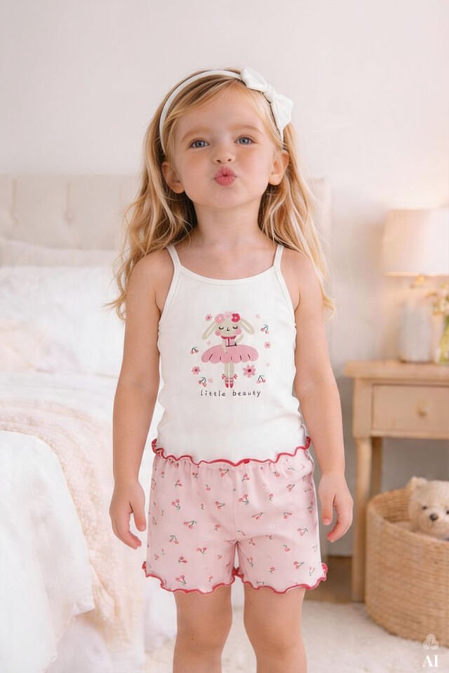 Kız Çocuk Pamuklu Desenli İp Askılı Pijama Takımı Pembe - Beyaz - 9-10 Yaş