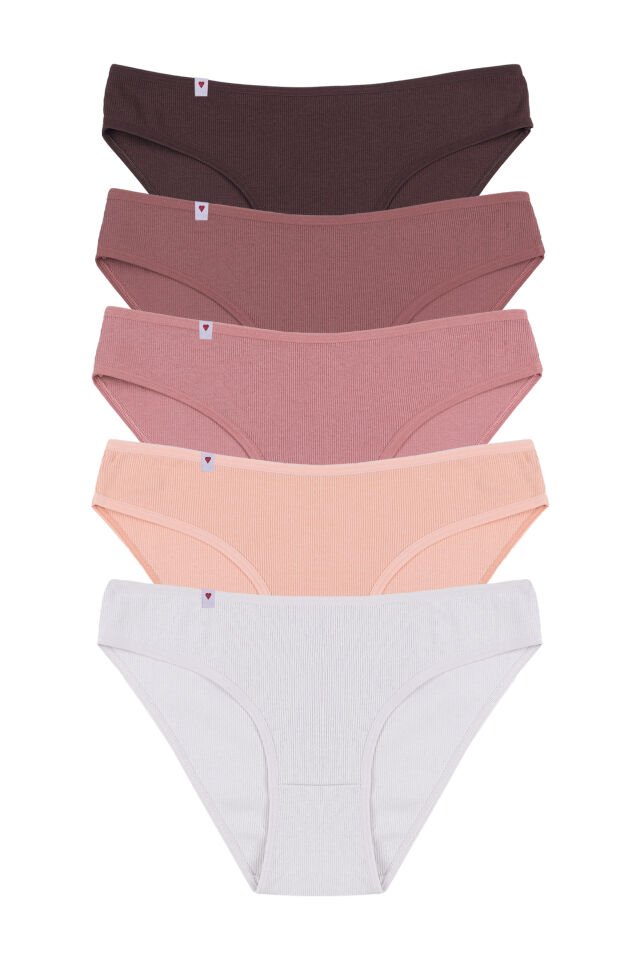Kadın Külot 5 li Pamuklu Etiket Detaylı Fitilli Ribana S - M