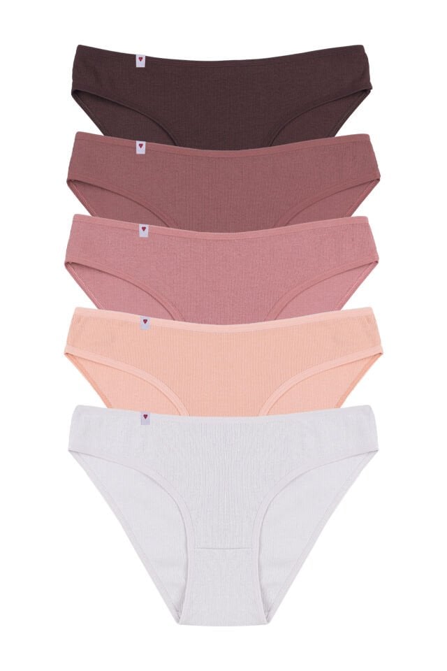 Kadın Külot 5 li Pamuklu Etiket Detaylı Fitilli Ribana S - M