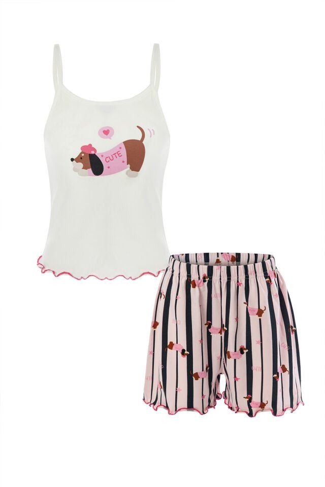 Kız Çocuk Pamuklu Desenli İp Askılı Pijama Takımı 5-6 Yaş