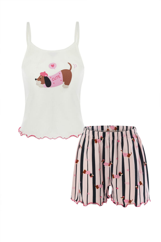 Kız Çocuk Pamuklu Desenli İp Askılı Pijama Takımı 7-8 Yaş