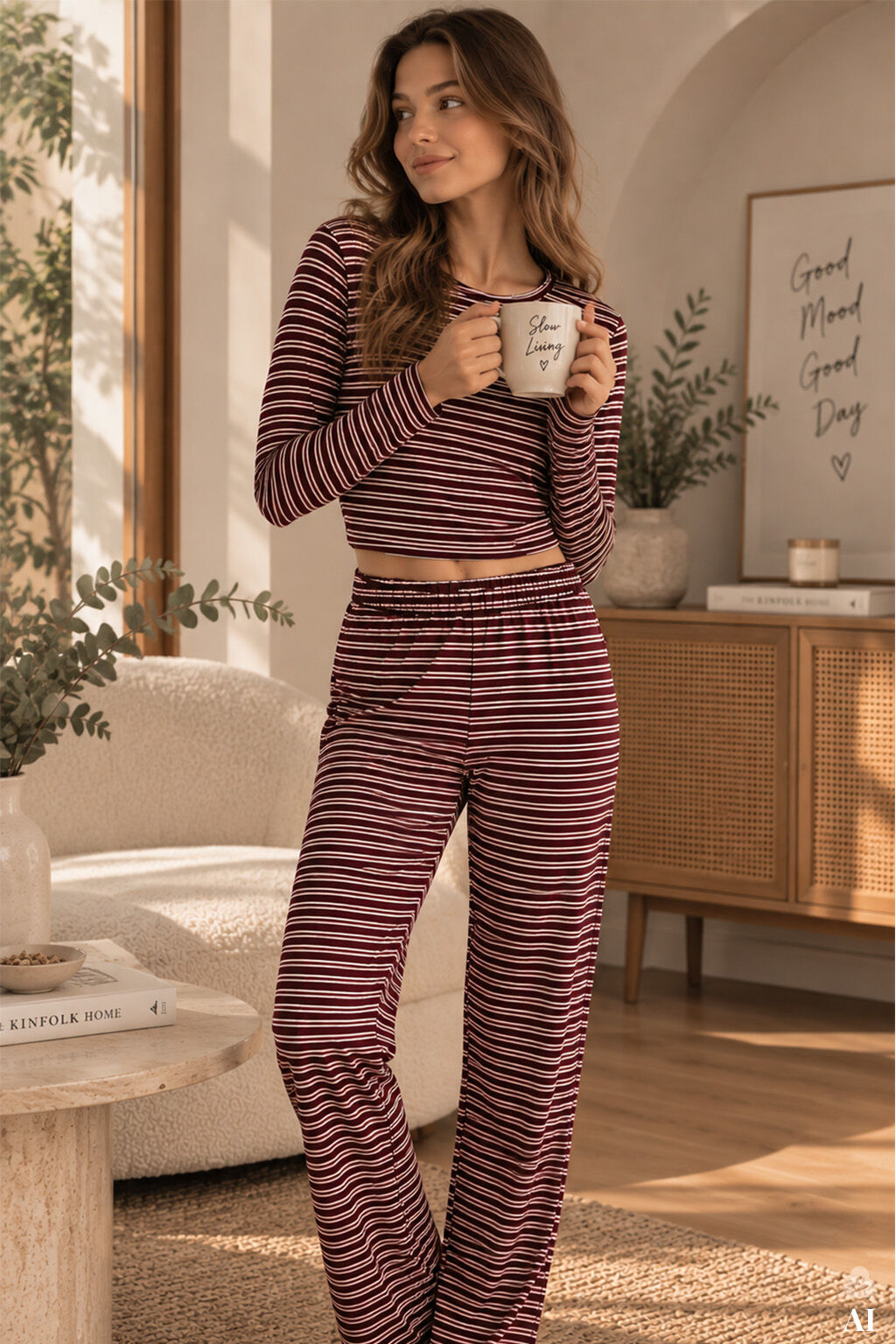 Kadın Pamuklu Çizgili Üst Crop Alt Bol Paça Pijama Takımı Bordo - Ekru - XL