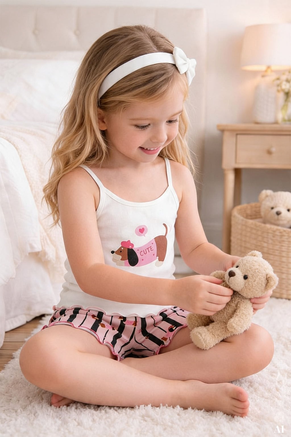 Kız Çocuk Pamuklu Desenli İp Askılı Pijama Takımı 9-10 Yaş