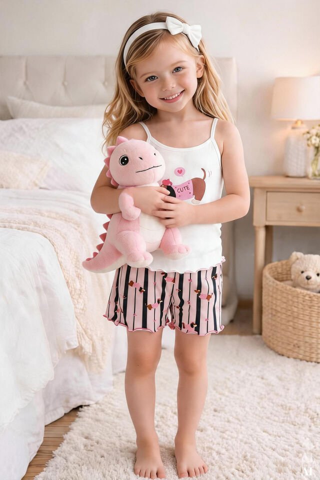 Kız Çocuk Pamuklu Desenli İp Askılı Pijama Takımı 9-10 Yaş