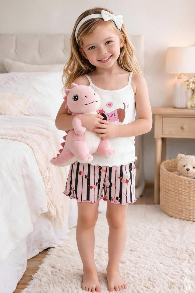 Kız Çocuk Pamuklu Desenli İp Askılı Pijama Takımı 9-10 Yaş