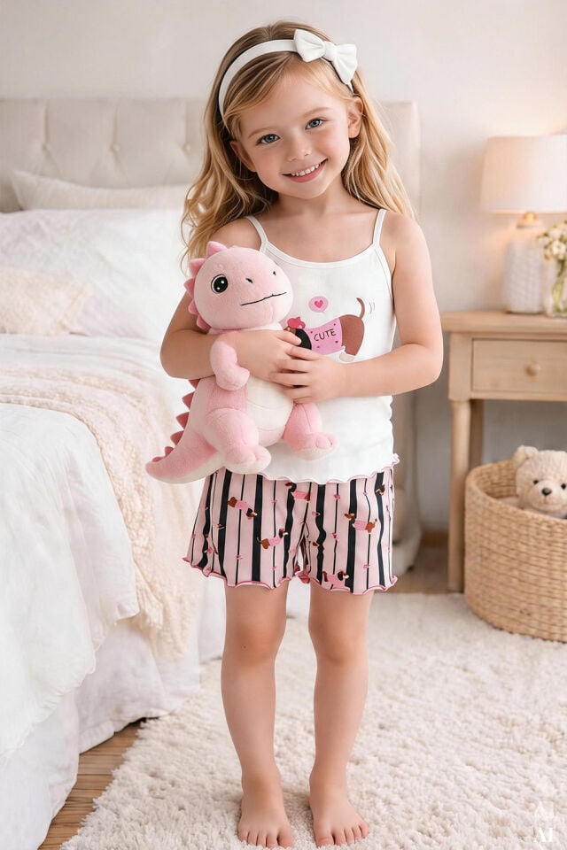 Kız Çocuk Pamuklu Desenli İp Askılı Pijama Takımı 9-10 Yaş