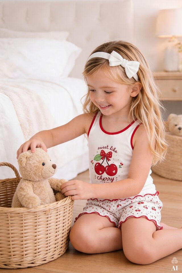 Kız Çocuk Pamuklu Desenli Kalın Askılı Pijama Takımı Kırmızı - Beyaz - 5-6 Yaş