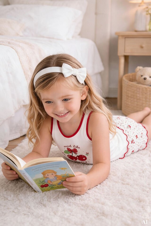 Kız Çocuk Pamuklu Desenli Kalın Askılı Pijama Takımı Kırmızı - Beyaz - 7-8 Yaş