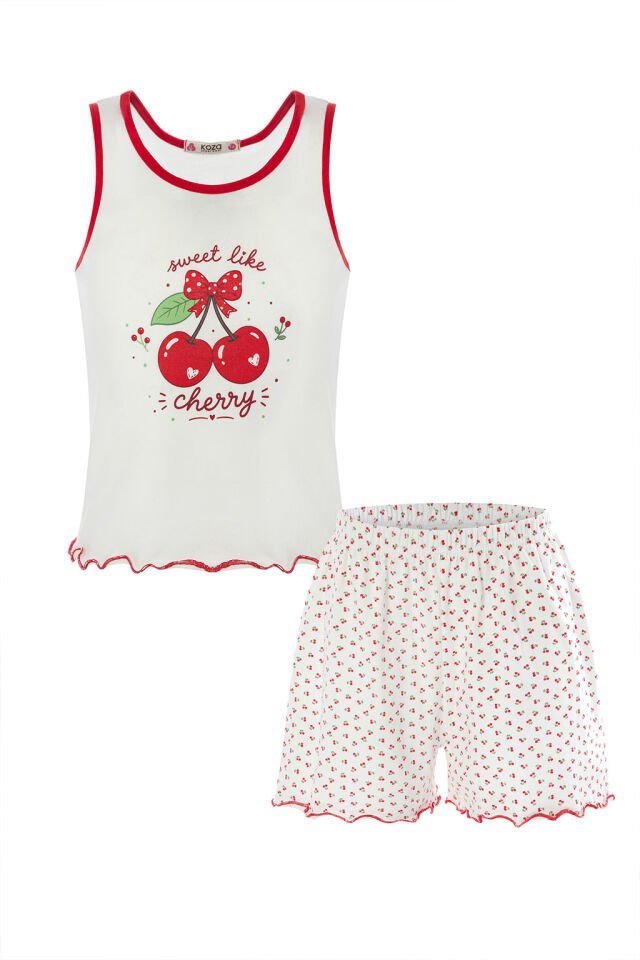 Kız Çocuk Pamuklu Desenli Kalın Askılı Pijama Takımı Kırmızı - Beyaz - 7-8 Yaş