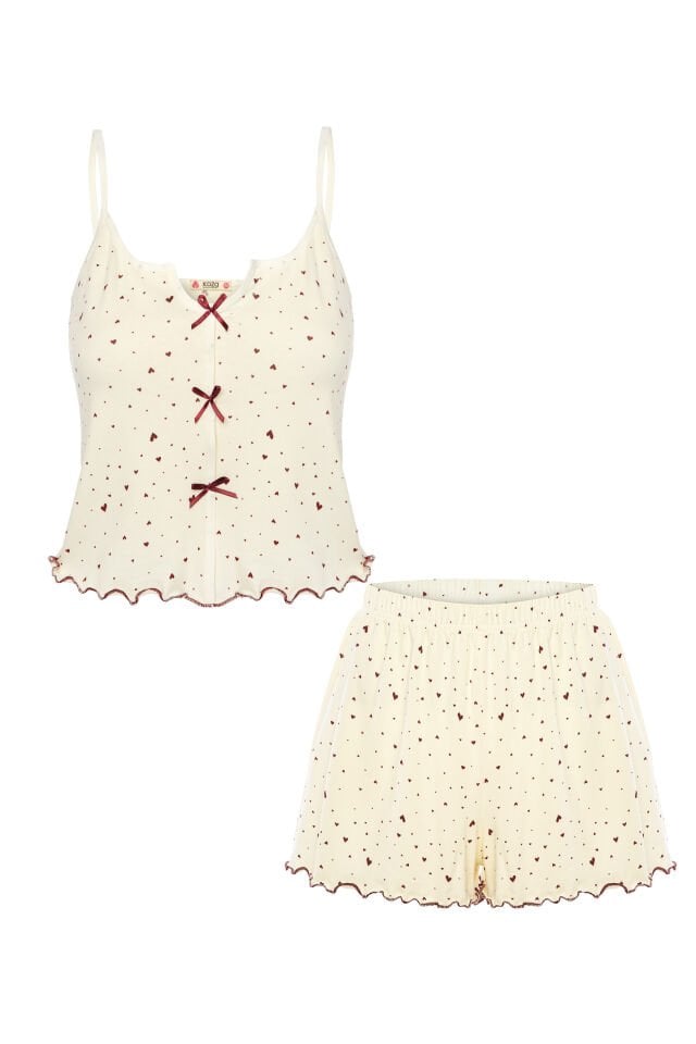 Kadın İnce Askılı Fiyonklu Pamuklu Şortlu Pijama Takımı Bordo - Ekru - XL