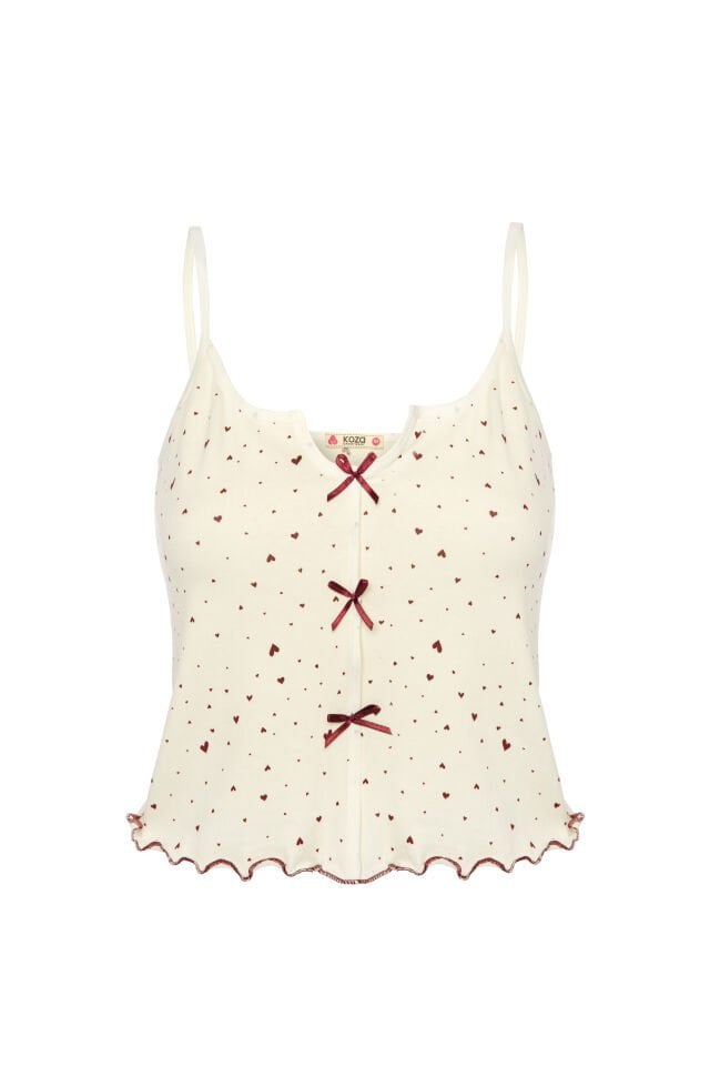 Kadın İnce Askılı Fiyonklu Pamuklu Şortlu Pijama Takımı Bordo - Ekru - XL