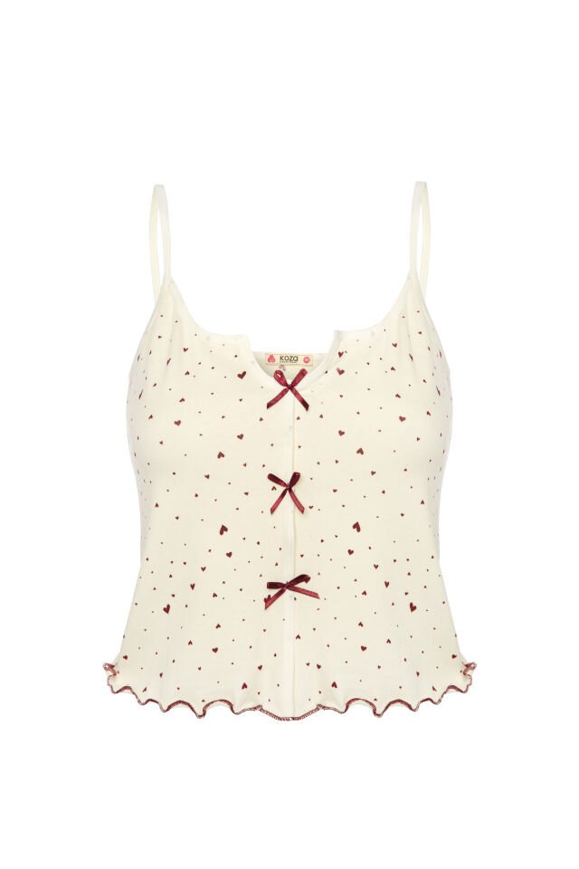 Kadın İnce Askılı Fiyonklu Pamuklu Şortlu Pijama Takımı Bordo - Ekru - XL