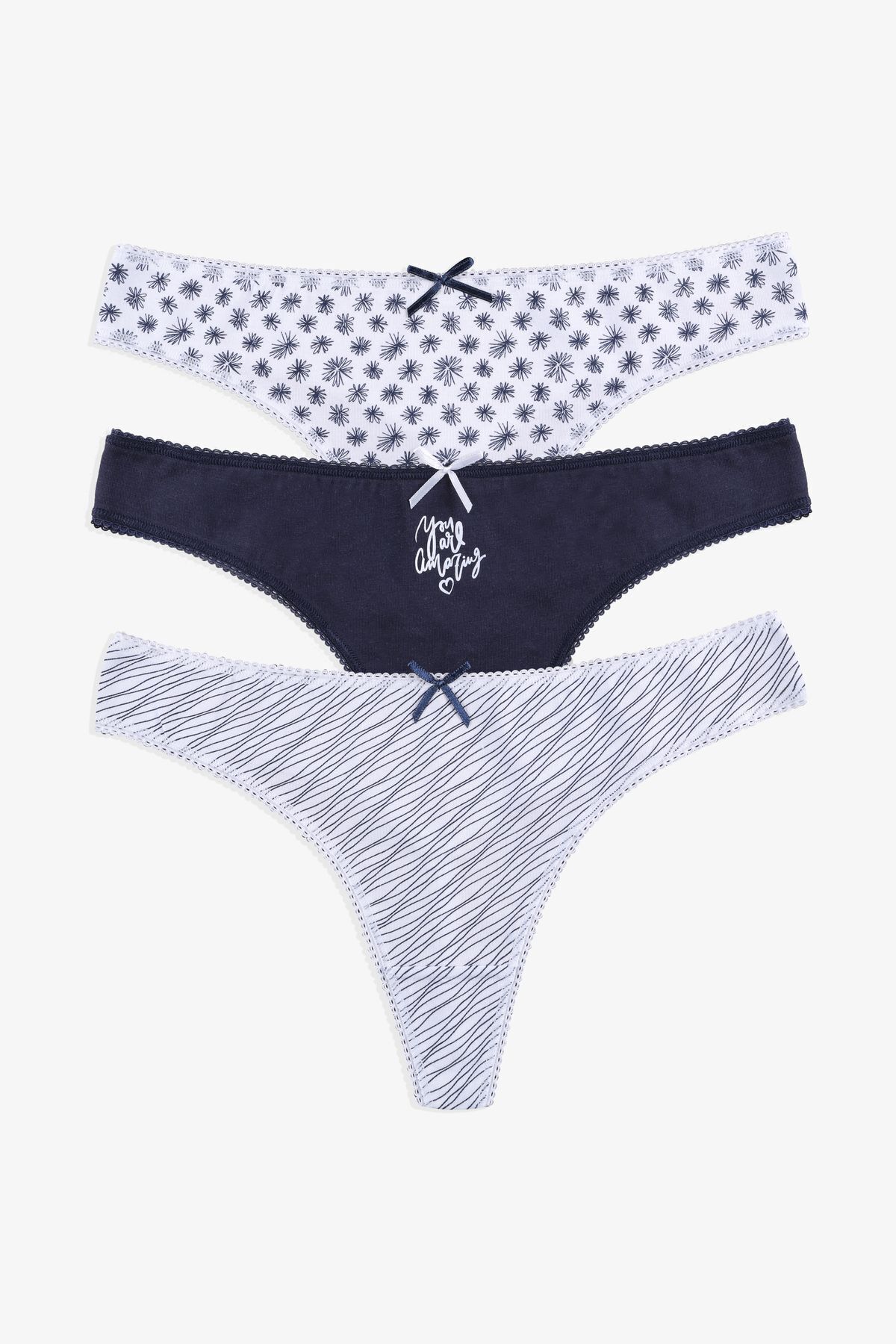 Kadın 3'lü Pamuklu Desenli Tanga 11030-26 - S/M