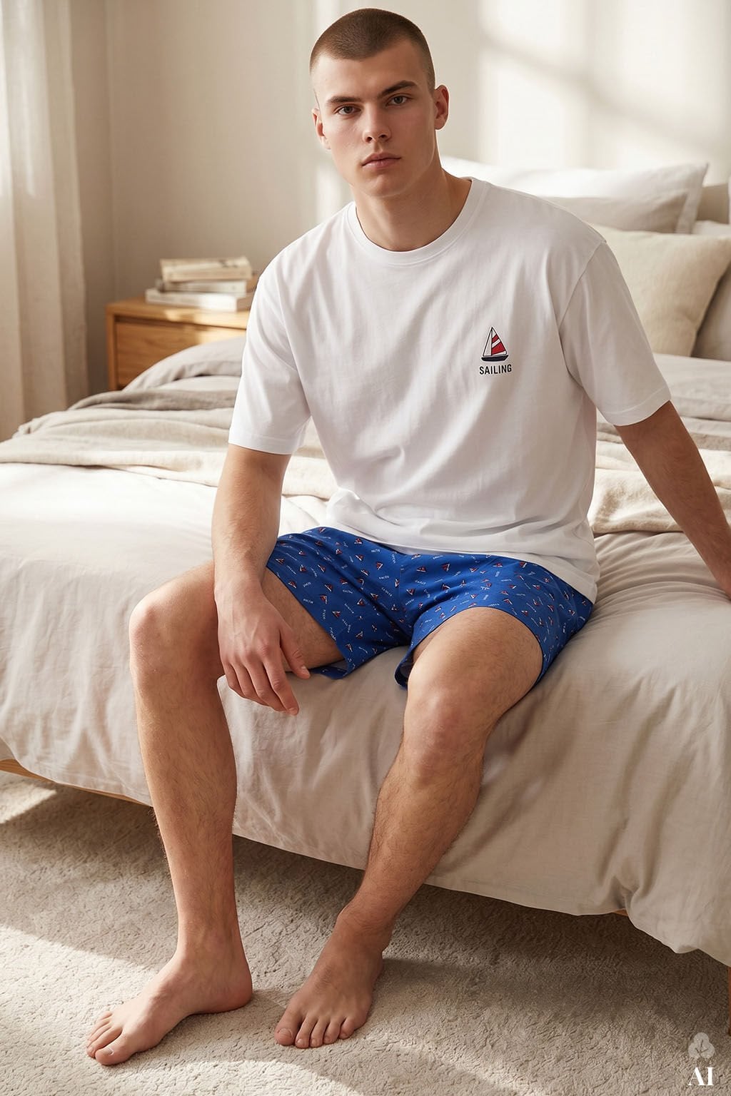 Erkek Pamuklu Mavi Baskılı Cepli Şortlu Pijama Takımı