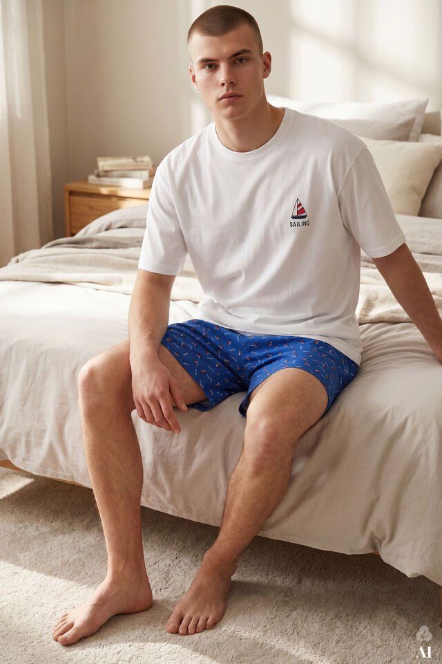 Erkek Pamuklu Mavi Baskılı Cepli Şortlu Pijama Takımı