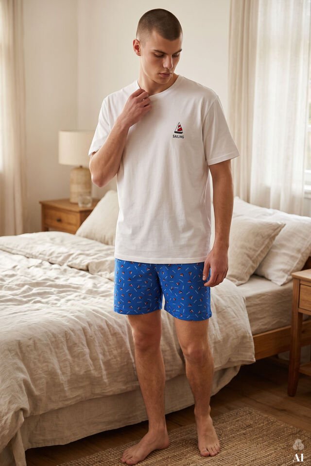 Erkek Pamuklu Mavi Baskılı Cepli Şortlu Pijama Takımı