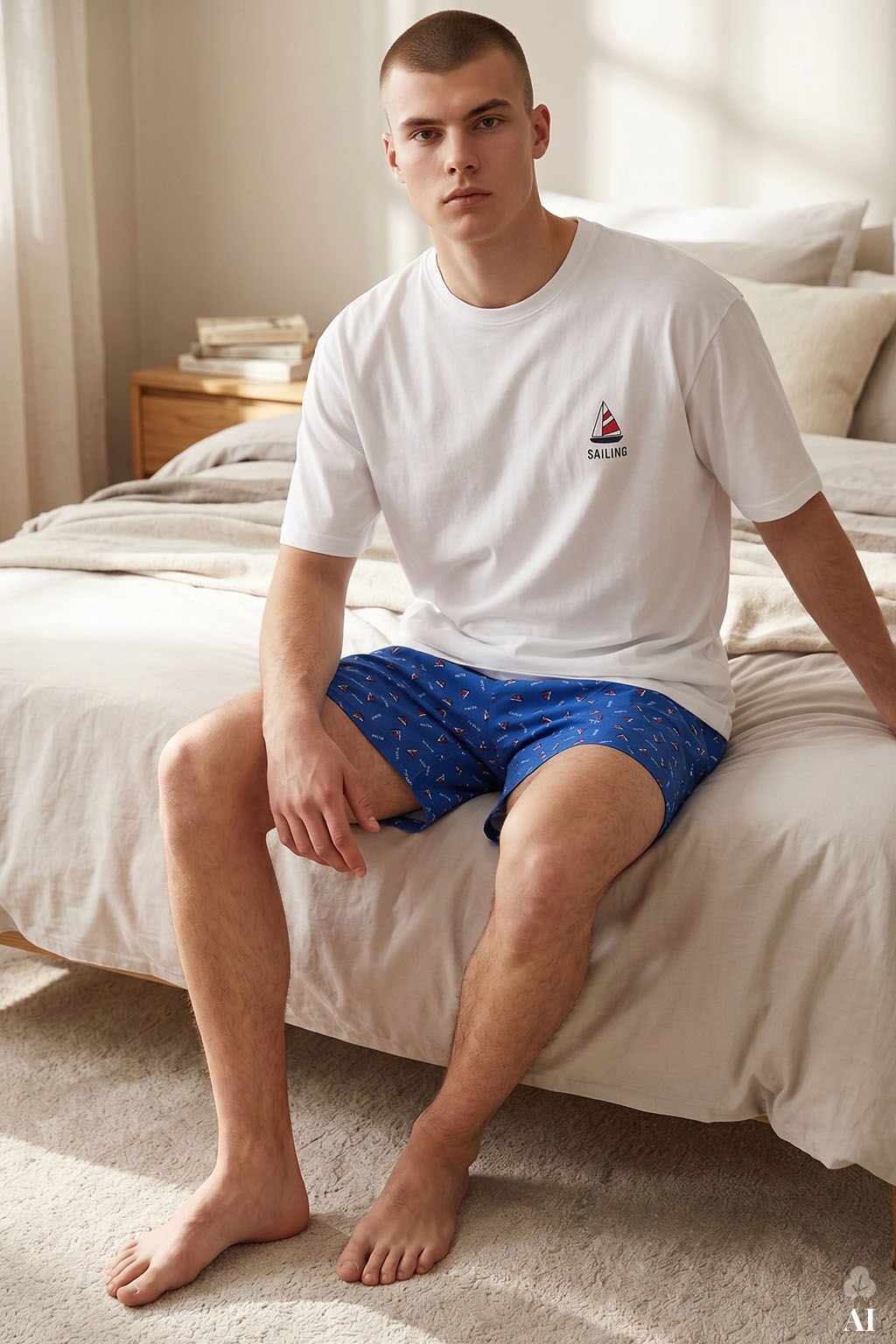 Erkek Pamuklu Mavi Baskılı Cepli Şortlu Pijama Takımı Mavi - Beyaz - S