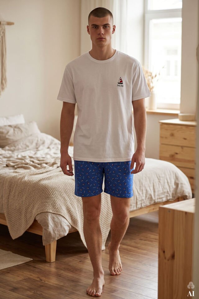Erkek Pamuklu Mavi Baskılı Cepli Şortlu Pijama Takımı Mavi - Beyaz - S