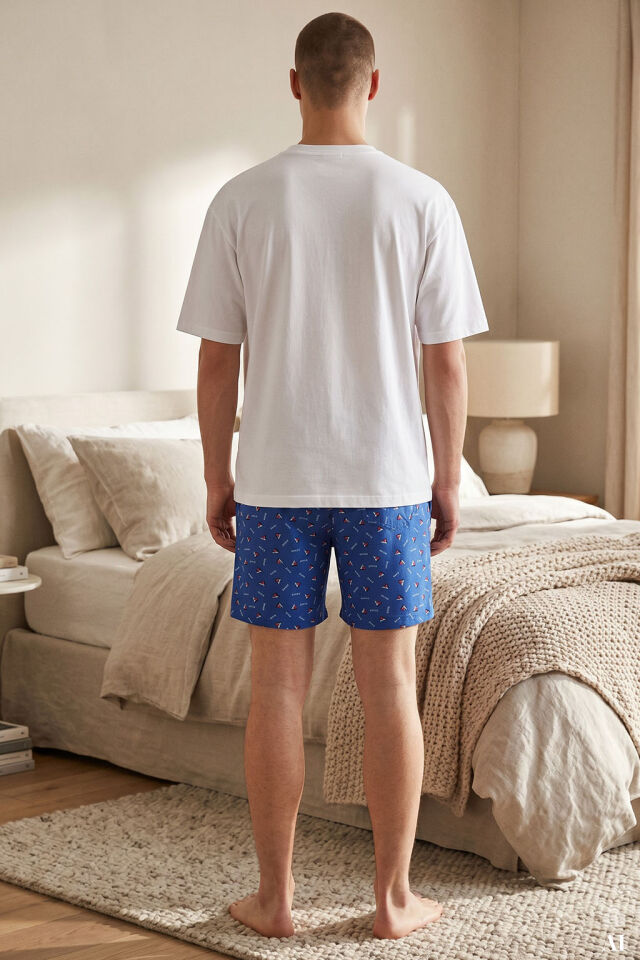 Erkek Pamuklu Mavi Baskılı Cepli Şortlu Pijama Takımı Mavi - Beyaz - M