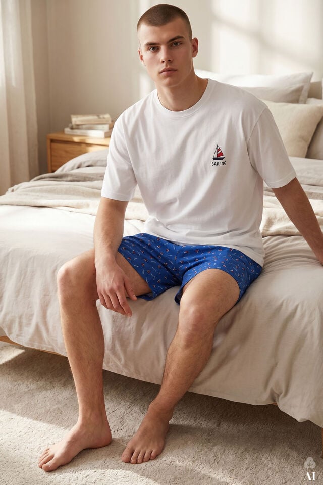 Erkek Pamuklu Mavi Baskılı Cepli Şortlu Pijama Takımı Mavi - Beyaz - L