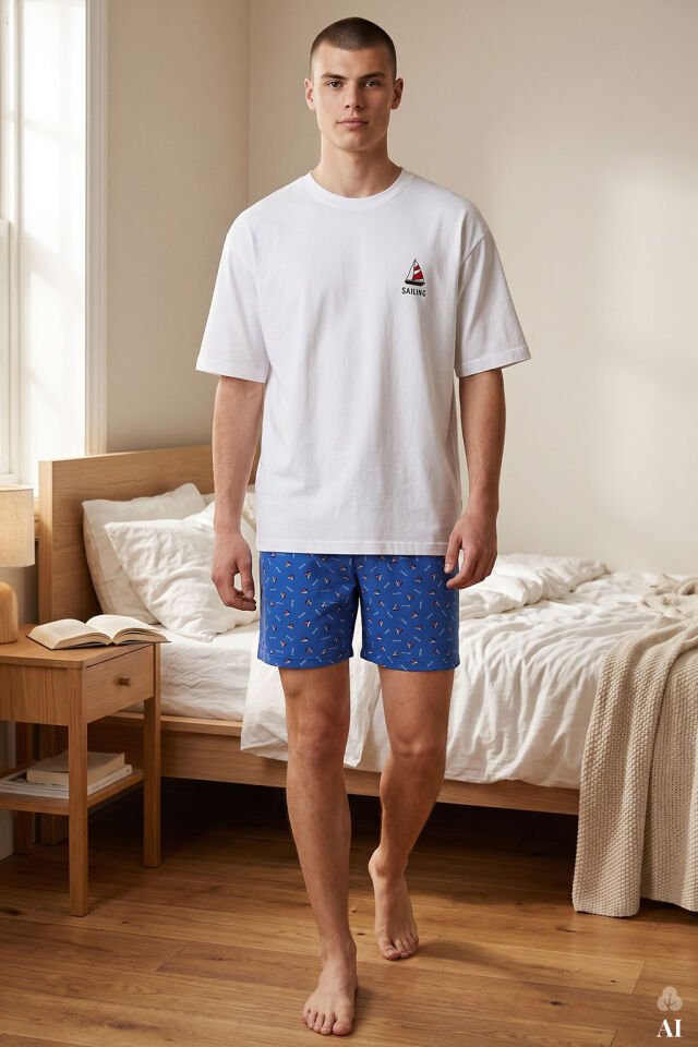 Erkek Pamuklu Mavi Baskılı Cepli Şortlu Pijama Takımı Mavi - Beyaz - L