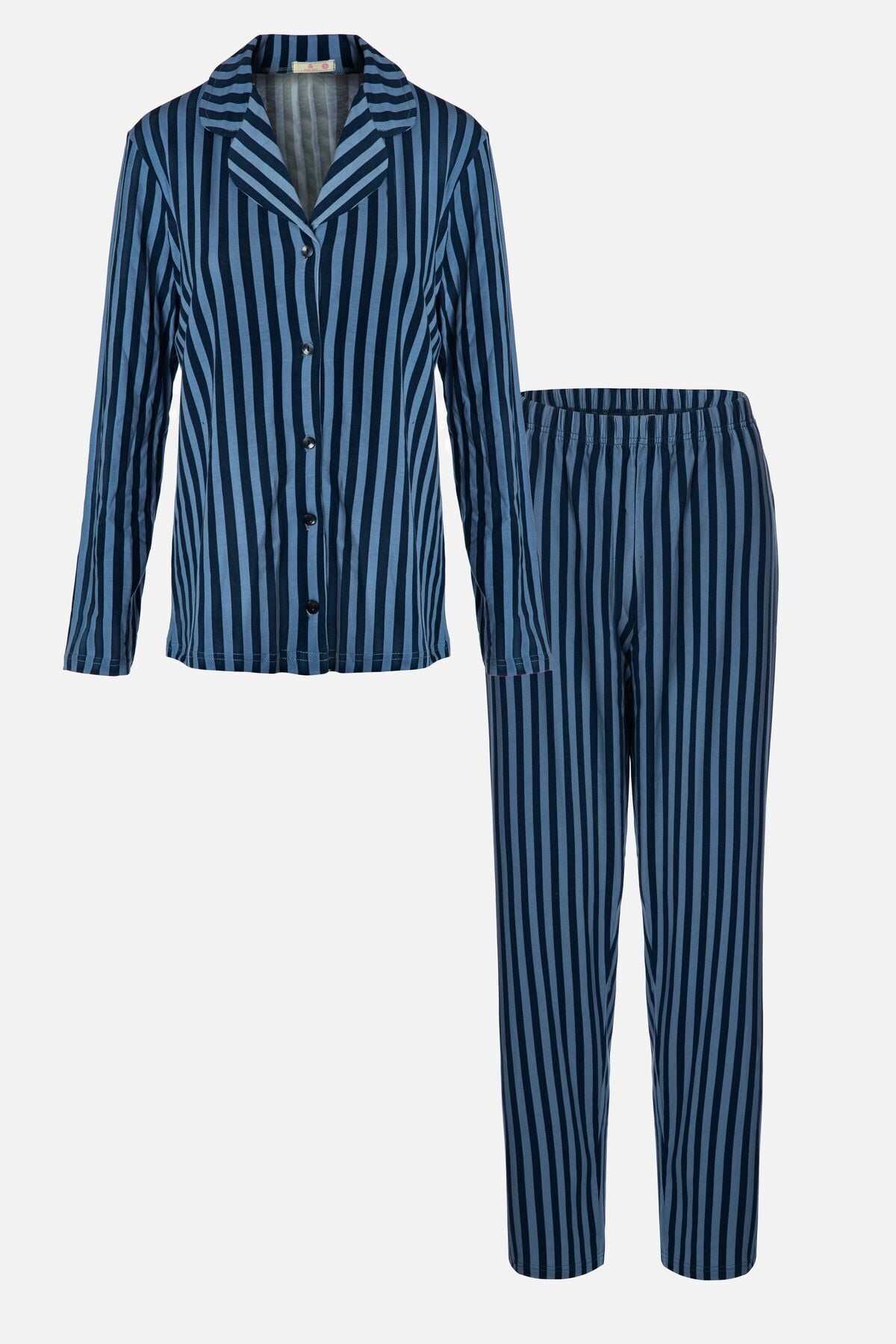 Kadın Mavi Çizgili Pamuklu Kombinli Gömlek Yaka Pijama Takımı Mavi Çizgili - M - Mavi Çizgili - M