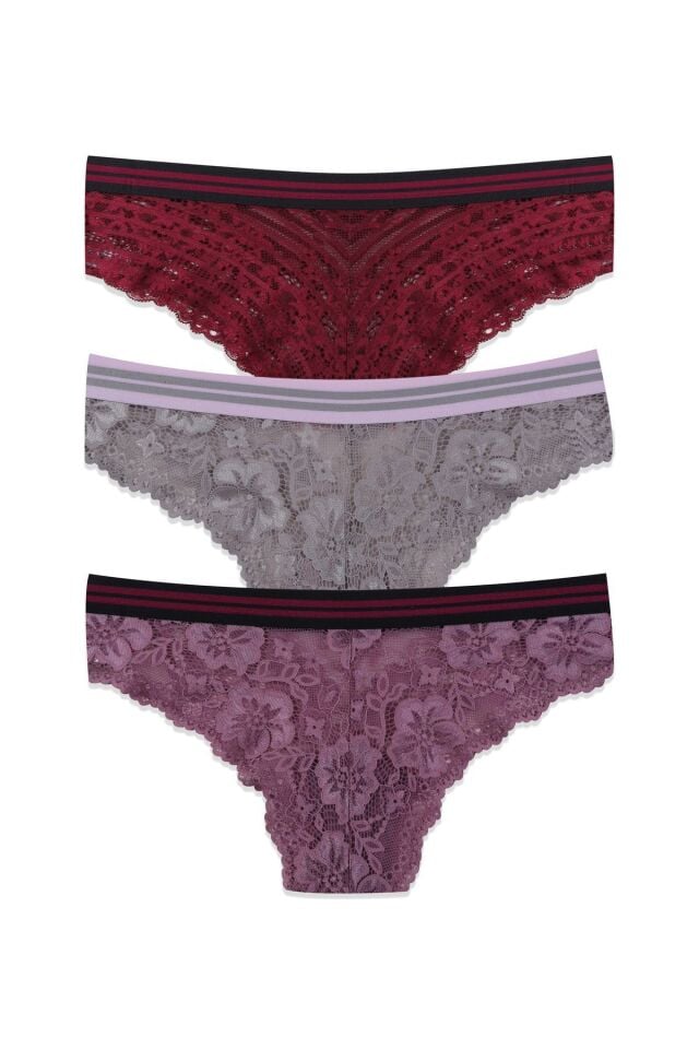 Kadın 3'lü Çizgili Lastikli Dantelli Külot Bordovizongkurusu - M