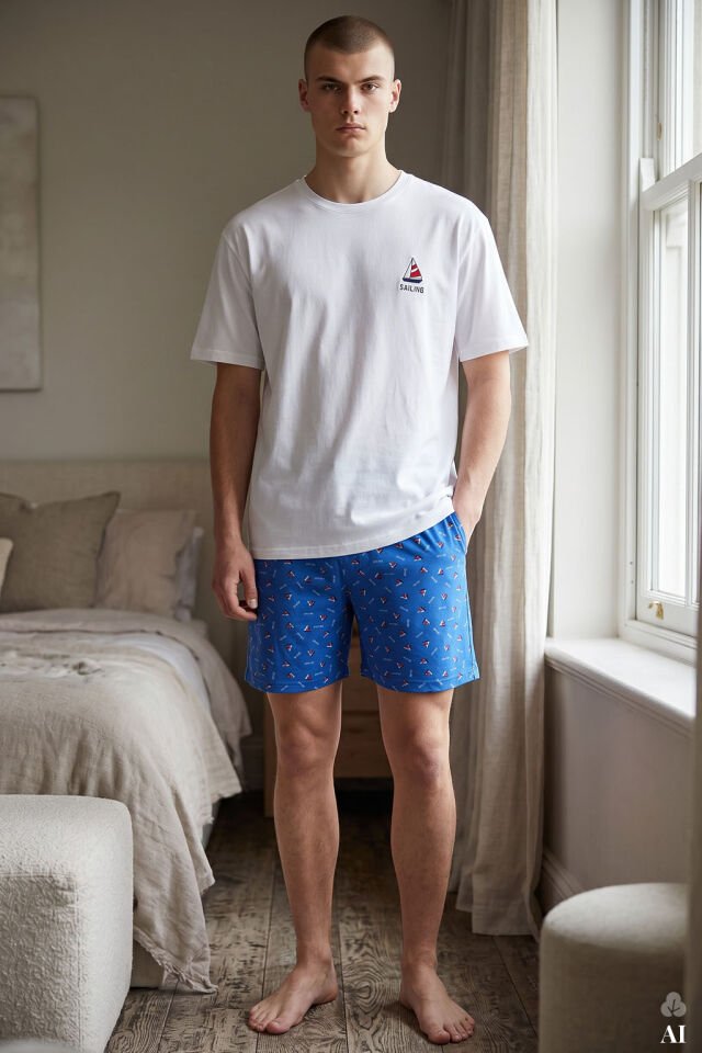 Erkek Pamuklu Mavi Baskılı Cepli Şortlu Pijama Takımı Mavi - Beyaz - 2XL