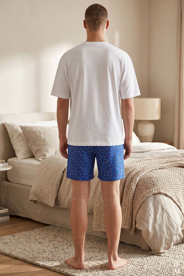 Erkek Pamuklu Mavi Baskılı Cepli Şortlu Pijama Takımı Mavi - Beyaz - 2XL