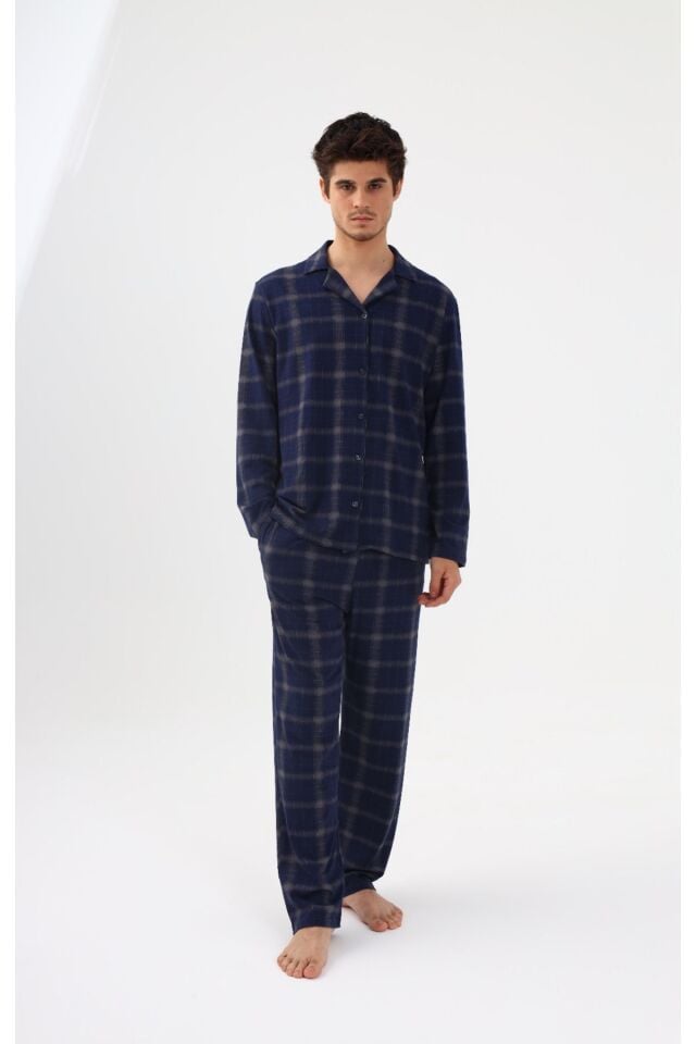 Erkek Pamuklu Mavi Ekose Desenli Uzun Kollu Cep Detaylı Gömlek Yaka Pijama Takımı Mavi Ekose - L