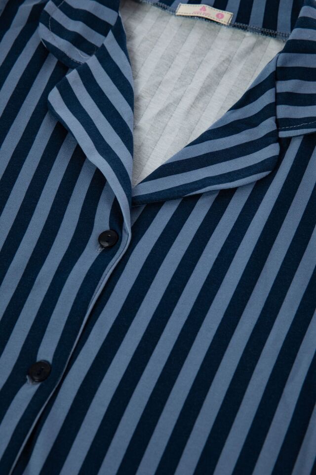 Kadın Mavi Çizgili Pamuklu Kombinli Gömlek Yaka Pijama Takımı Mavi Çizgili - L - Mavi Çizgili - L