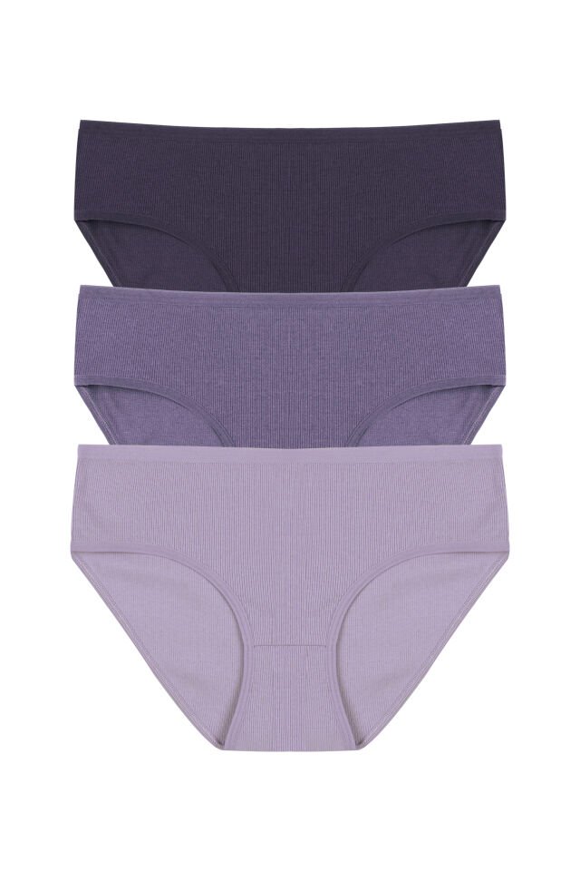 Kadın 3'lü Desenli Kaşkorse Pamuklu Yüksek Bel Bato Mor  - Lila - XL