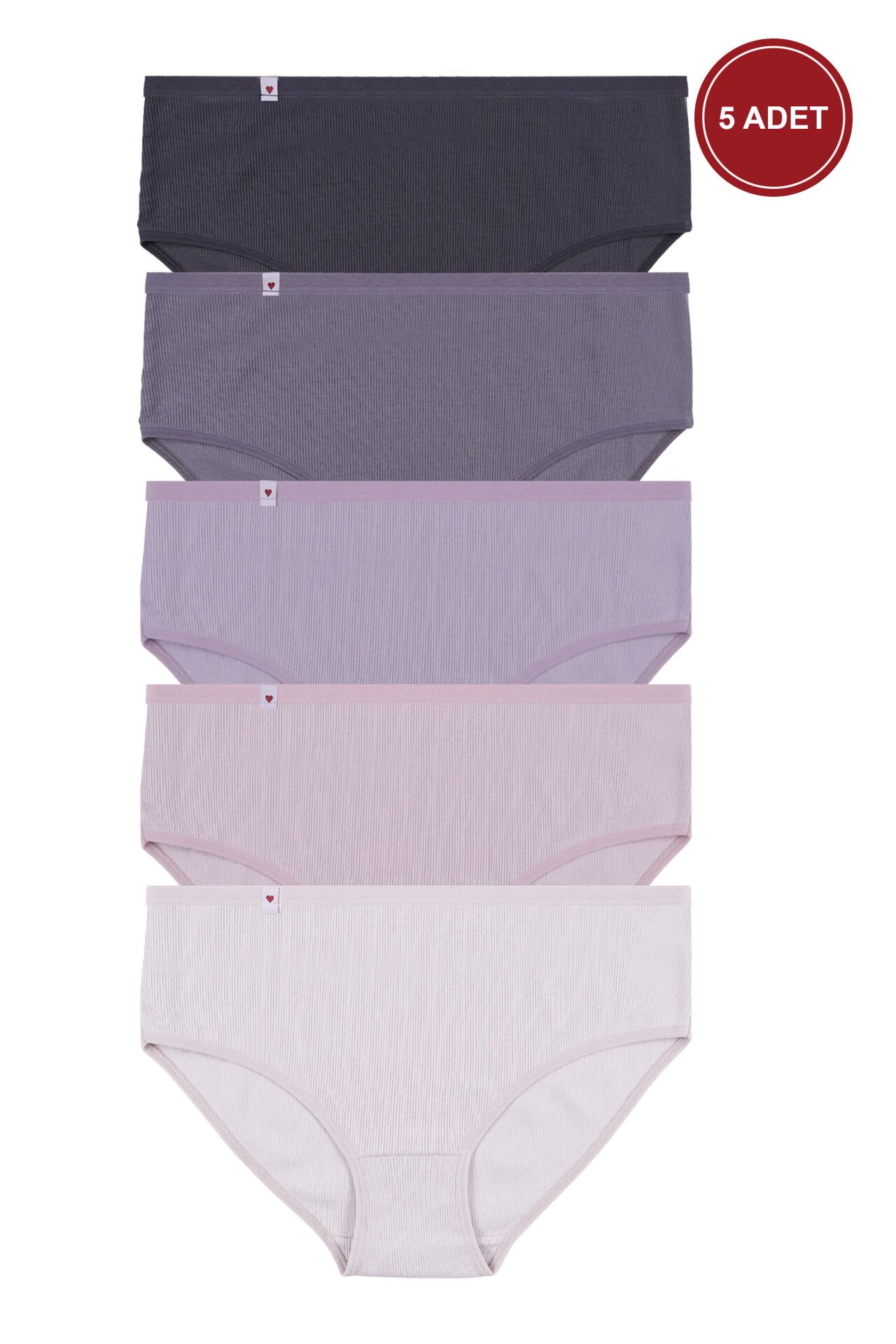 Kadın 5'li Pamuklu Kaşkorse Etiket Detaylı Yüksek Bel Külot Mor - Ekru - XL/2XL