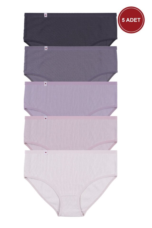 Kadın 5'li Pamuklu Kaşkorse Etiket Detaylı Yüksek Bel Külot Mor - Ekru - 3XL
