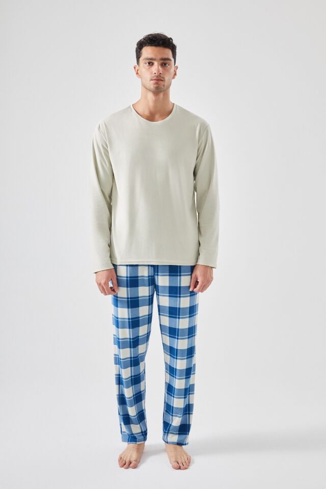Erkek Pamuklu Uzun Kollu Yamalı Ekose Desenli Pijama Takımı