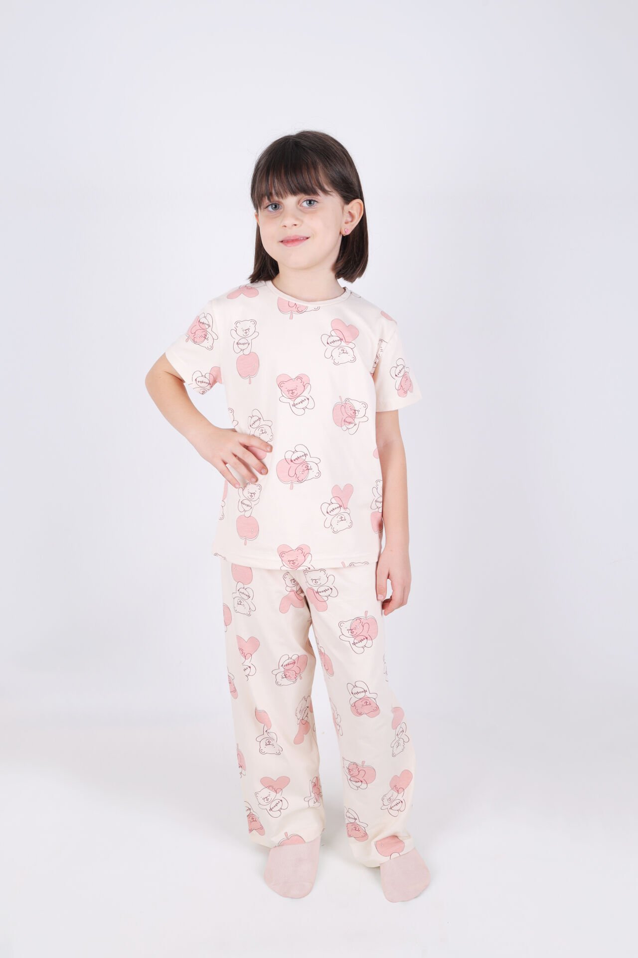 Kız Çocuk Pamuklu Kalpli Desenli Pijama Takımı 7 - 8 Yaş - Ekru - Pudra