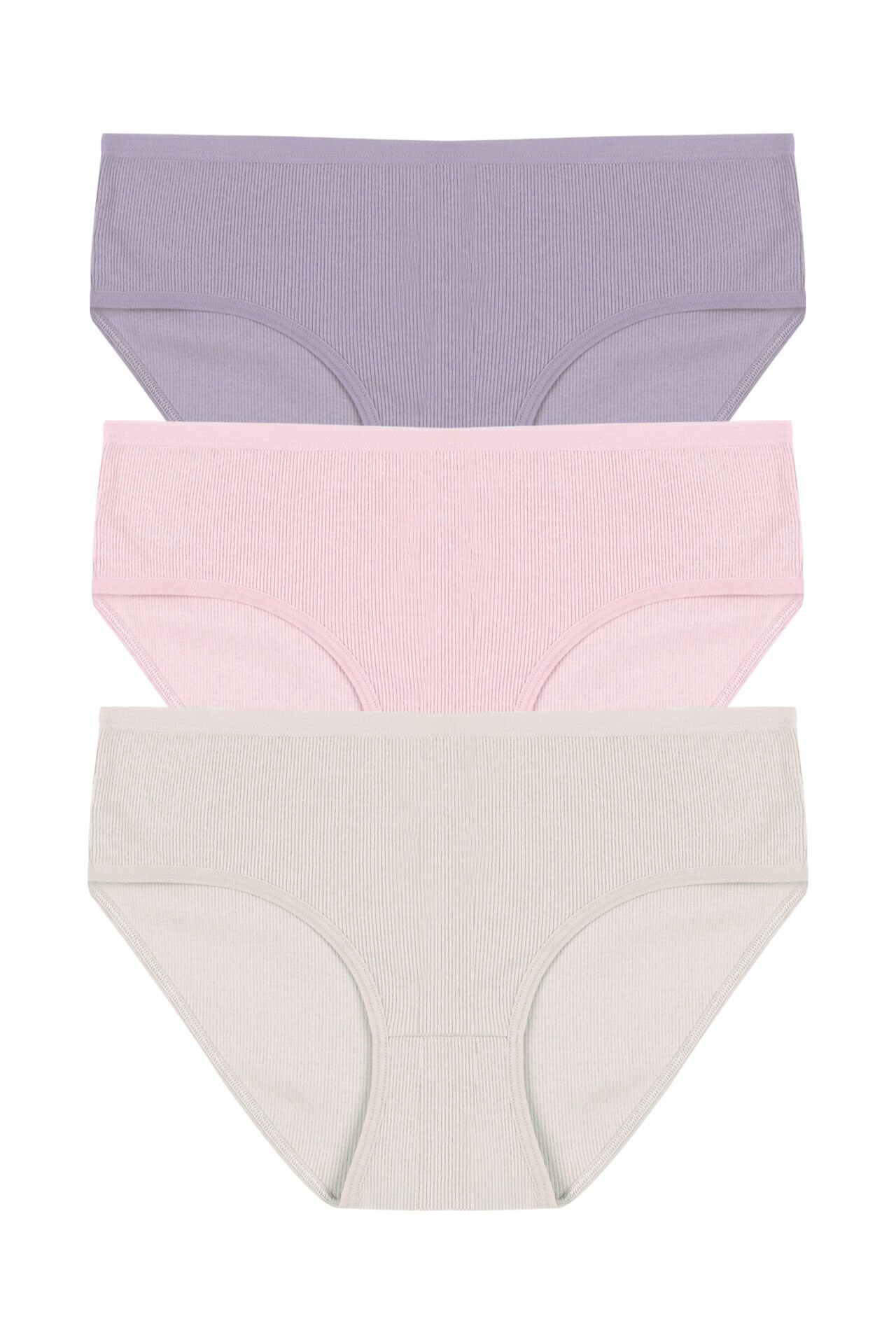 Kadın 3'lü Desenli Kaşkorse Pamuklu Yüksek Bel Bato Lila  -  Ekru - 3XL