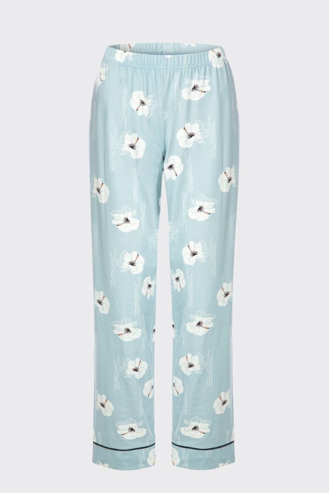 Kadın V Yaka Çiçek Desenli Ara Biyeli Uzun Kollu Pamuklu Pijama Takımı