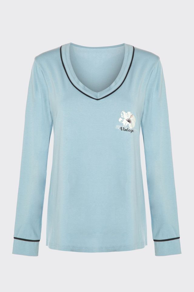 Kadın V Yaka Çiçek Desenli Ara Biyeli Uzun Kollu Pamuklu Pijama Takımı