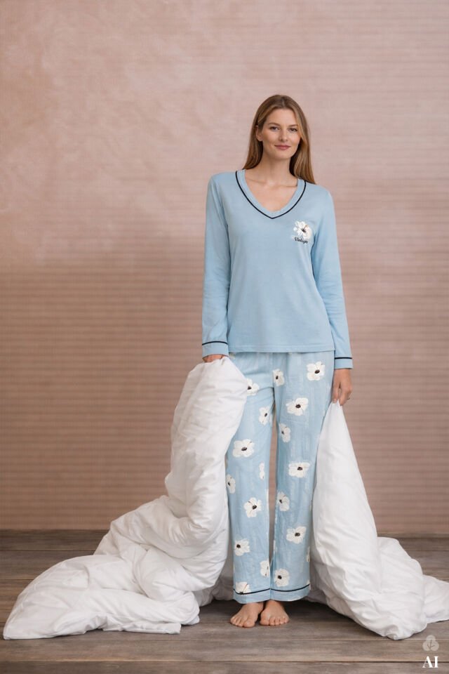 Kadın V Yaka Çiçek Desenli Ara Biyeli Uzun Kollu Pamuklu Pijama Takımı Mavi-Beyaz - 2XL