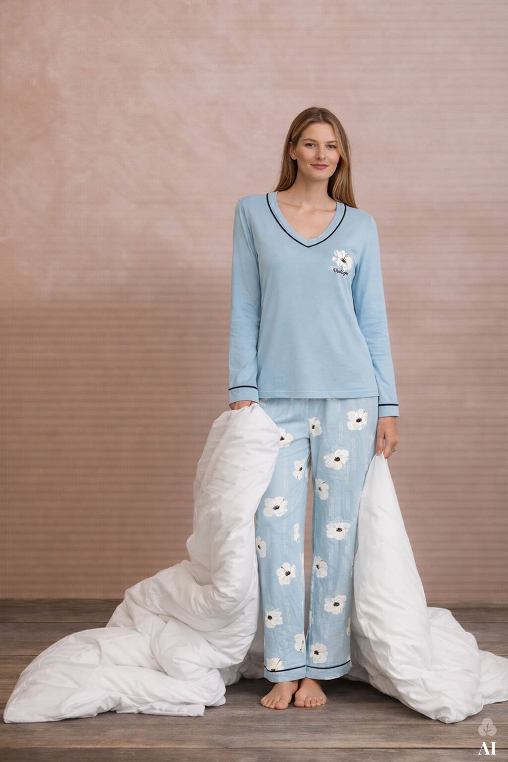 Kadın V Yaka Çiçek Desenli Ara Biyeli Uzun Kollu Pamuklu Pijama Takımı Mavi-Beyaz - S